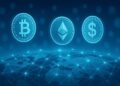 Ilustración conceptual de monedas digitales flotando sobre una red blockchain global iluminada en tonos azules
