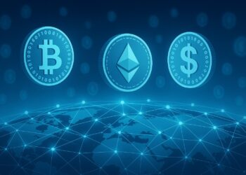 Ilustración conceptual de monedas digitales flotando sobre una red blockchain global iluminada en tonos azules