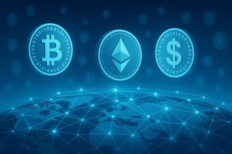 Ilustración conceptual de monedas digitales flotando sobre una red blockchain global iluminada en tonos azules