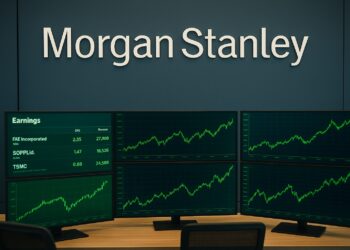 Fotografía editorial de la sala de trading de Morgan Stanley con pantallas mostrando resultados corporativos en verde y logo visible en pared