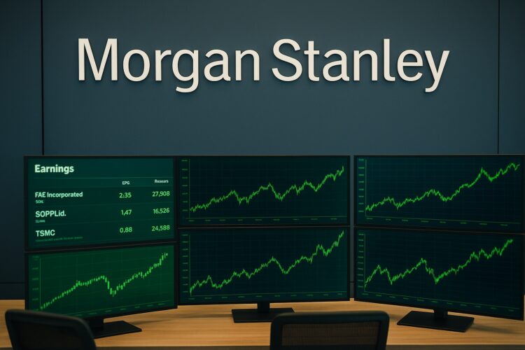Fotografía editorial de la sala de trading de Morgan Stanley con pantallas mostrando resultados corporativos en verde y logo visible en pared