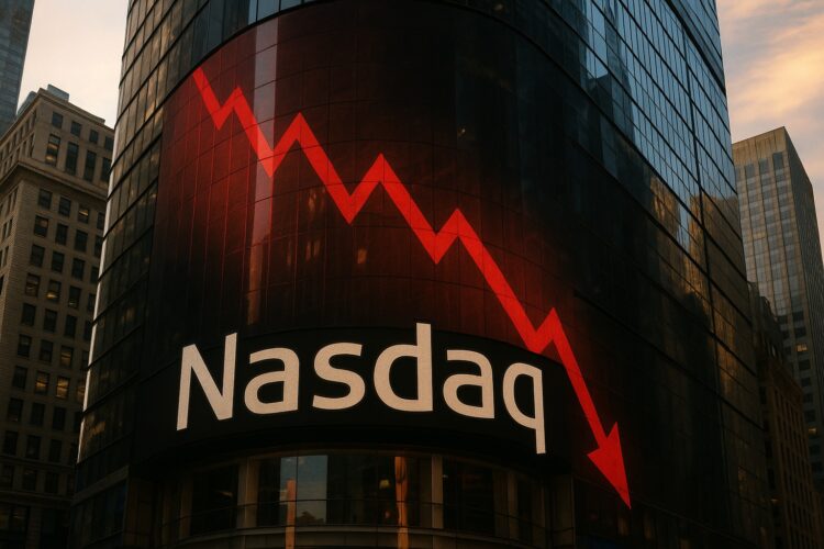 El edificio del Nasdaq refleja tonos rojos que simbolizan la caída del mercado tras el anuncio.