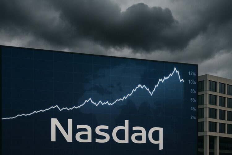 Imagen editorial de un gráfico del Nasdaq cerca de máximos con una nube oscura de advertencia sobre el cielo