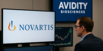 Hombre en oficina observa pantallas con logos de Novartis y Avidity Biosciences junto a gráficos financieros