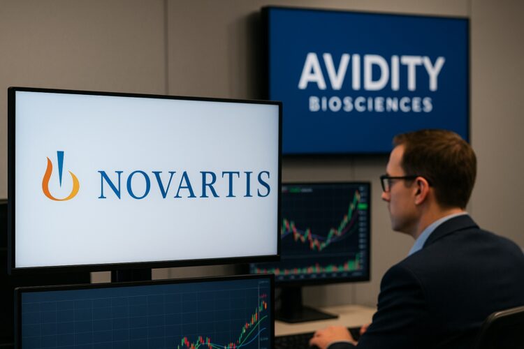Hombre en oficina observa pantallas con logos de Novartis y Avidity Biosciences junto a gráficos financieros