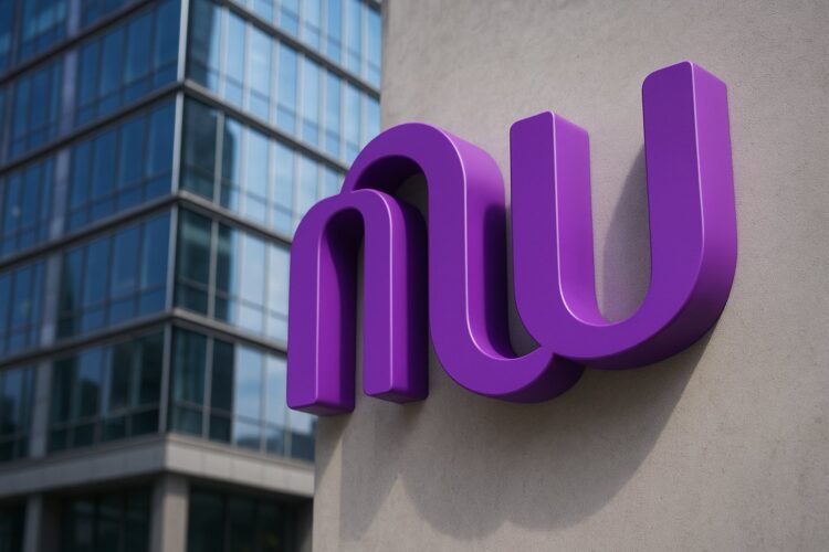 Logo de Nu Holdings en gran formato con textura metálica y luz natural sobre fondo neutro.