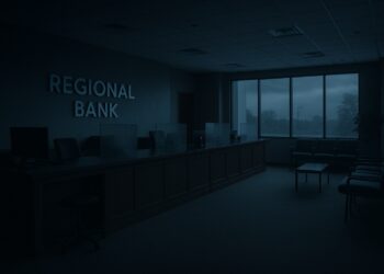Interior de banco regional vacío con iluminación azulada y sensación de incertidumbre financiera