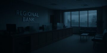 Interior de banco regional vacío con iluminación azulada y sensación de incertidumbre financiera