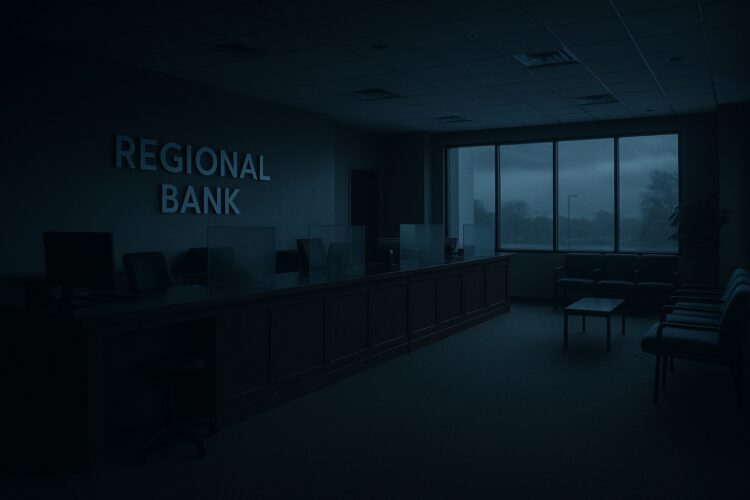 Interior de banco regional vacío con iluminación azulada y sensación de incertidumbre financiera