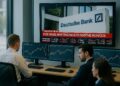 Empleados en oficina moderna observan pantallas con gráficos y noticias de bancos europeos
