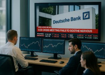 Empleados en oficina moderna observan pantallas con gráficos y noticias de bancos europeos