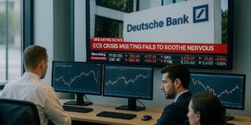 Empleados en oficina moderna observan pantallas con gráficos y noticias de bancos europeos