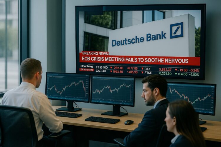 Empleados en oficina moderna observan pantallas con gráficos y noticias de bancos europeos