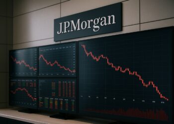 Pantallas con gráficos bursátiles en rojo dentro de una oficina de JPMorgan con su logo visible