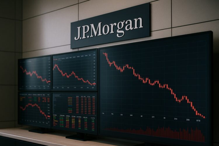 Pantallas con gráficos bursátiles en rojo dentro de una oficina de JPMorgan con su logo visible