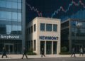 Edificios de Amphenol, Newmont y Lam Research con fondo de gráficos financieros y ejecutivos caminando