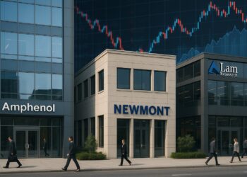 Edificios de Amphenol, Newmont y Lam Research con fondo de gráficos financieros y ejecutivos caminando