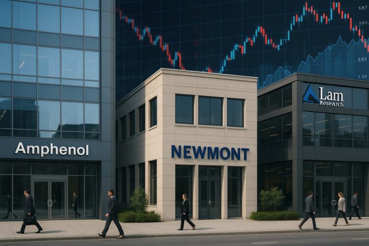 Edificios de Amphenol, Newmont y Lam Research con fondo de gráficos financieros y ejecutivos caminando