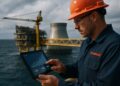 Trabajador con casco y tableta revisa datos frente a estructura industrial sobre el mar.