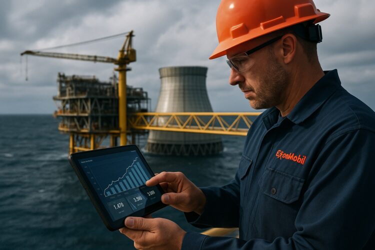Trabajador con casco y tableta revisa datos frente a estructura industrial sobre el mar.