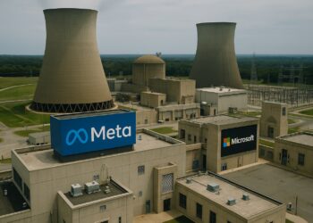 Vista aérea editorial de una planta nuclear con logotipos de Microsoft y Meta integrados en carteles reales del complejo industrial