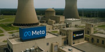 Vista aérea editorial de una planta nuclear con logotipos de Microsoft y Meta integrados en carteles reales del complejo industrial