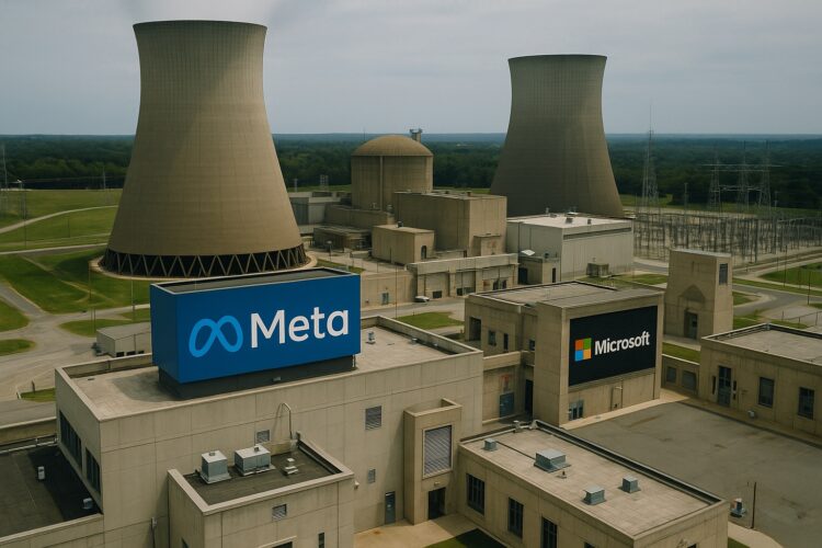 Vista aérea editorial de una planta nuclear con logotipos de Microsoft y Meta integrados en carteles reales del complejo industrial