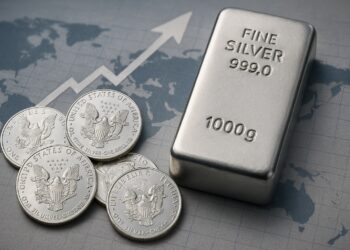 Lingotes y monedas de plata sobre mapa financiero, reflejando el alza de la plata cerca de 50 USD.