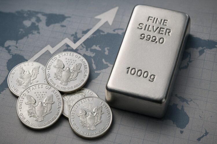Lingotes y monedas de plata sobre mapa financiero, reflejando el alza de la plata cerca de 50 USD.