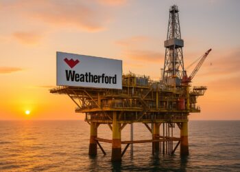 BMO recomienda comprar Plataforma petrolera offshore con el logotipo de Weatherford y el sol saliendo sobre el mar.