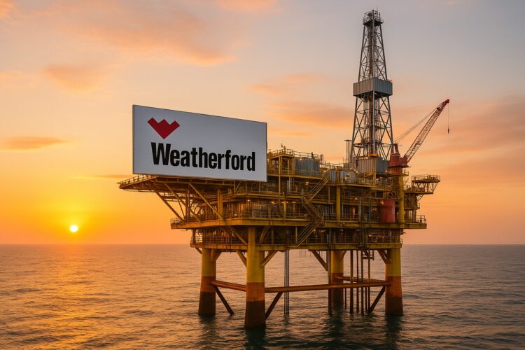 BMO recomienda comprar Plataforma petrolera offshore con el logotipo de Weatherford y el sol saliendo sobre el mar.
