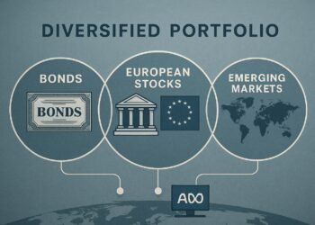 Ilustración editorial que muestra un portafolio financiero de BlackRock diversificado con bonos, acciones europeas y mercados emergentes sobre mapa mundial