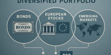 Ilustración editorial que muestra un portafolio financiero de BlackRock diversificado con bonos, acciones europeas y mercados emergentes sobre mapa mundial