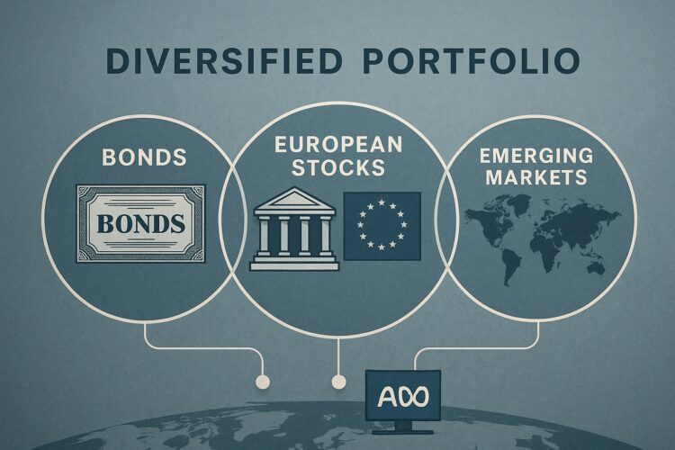 Ilustración editorial que muestra un portafolio financiero de BlackRock diversificado con bonos, acciones europeas y mercados emergentes sobre mapa mundial