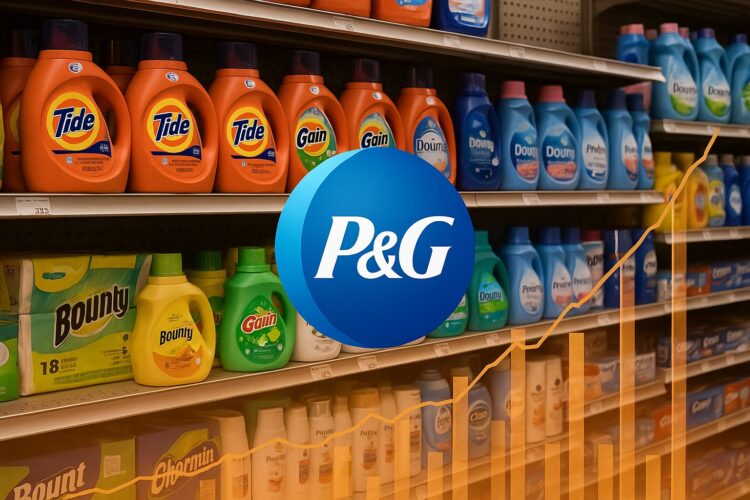 Góndolas con productos P&G y gráfico de crecimiento financiero en fondo transparente