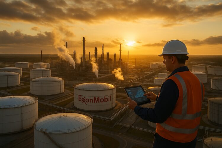 Vista aérea de planta industrial con tanques y chimeneas bajo sol naciente entre nubes doradas.