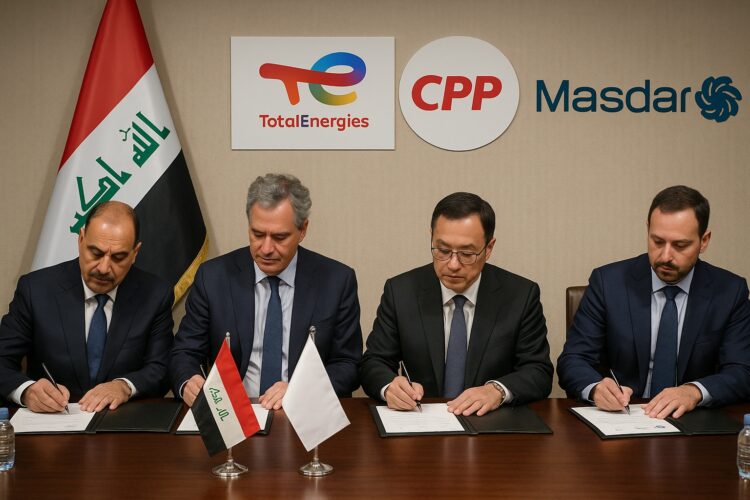 Funcionarios de Irak y representantes de TotalEnergies, CPP y Masdar firmando documentos de inversión