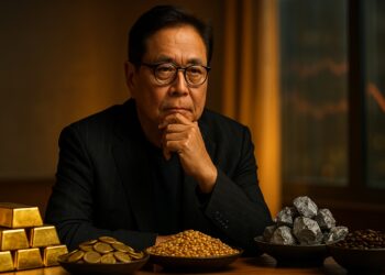Robert Kiyosaki analiza diversos commodities en una escena editorial cálida y realista.