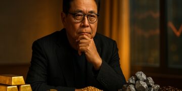 Robert Kiyosaki analiza diversos commodities en una escena editorial cálida y realista.