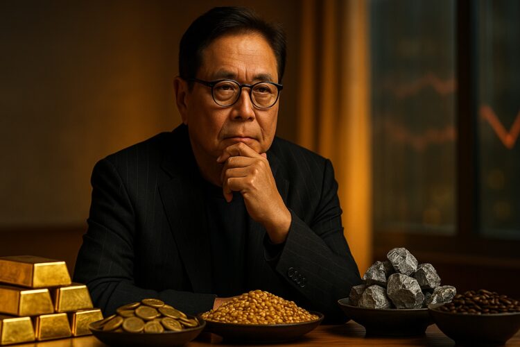 Robert Kiyosaki analiza diversos commodities en una escena editorial cálida y realista.