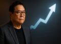 Robert Kiyosaki frente a un gráfico ascendente, simbolizando una inversión a punto de despegar.