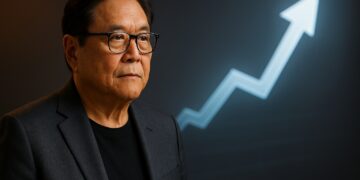 Robert Kiyosaki frente a un gráfico ascendente, simbolizando una inversión a punto de despegar.