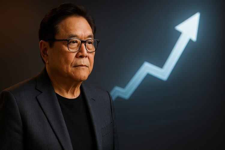 Robert Kiyosaki frente a un gráfico ascendente, simbolizando una inversión a punto de despegar.