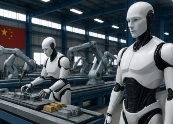 Robots chinos trabajando en una fábrica moderna con maquinaria avanzada y ambiente realista.