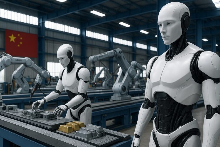 Robots chinos trabajando en una fábrica moderna con maquinaria avanzada y ambiente realista.