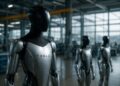 Robots de Tesla trabajan en fábrica moderna con luz natural y reflejos metálicos realistas.