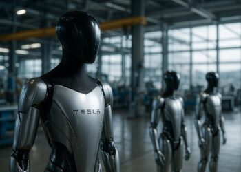 Robots de Tesla trabajan en fábrica moderna con luz natural y reflejos metálicos realistas.