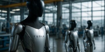 Robots de Tesla trabajan en fábrica moderna con luz natural y reflejos metálicos realistas.
