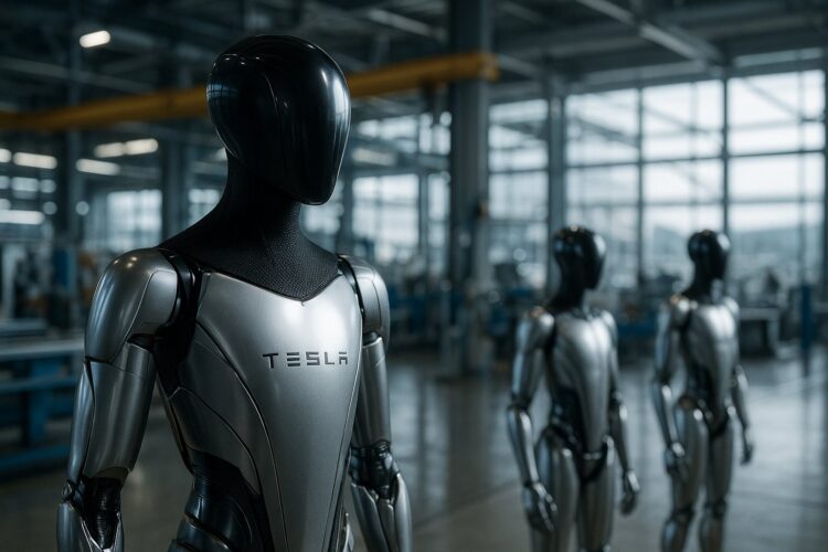 Robots de Tesla trabajan en fábrica moderna con luz natural y reflejos metálicos realistas.