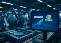 Interior de planta tecnológica con brazos robóticos y monitor que muestra colaboración Samsung-Nvidia.